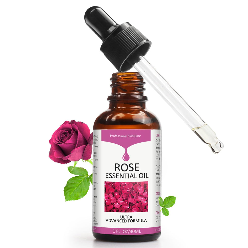 SOLOTREE Rose Essential Oil bottle close-up showing quick-absorbing hydration for smooth skin