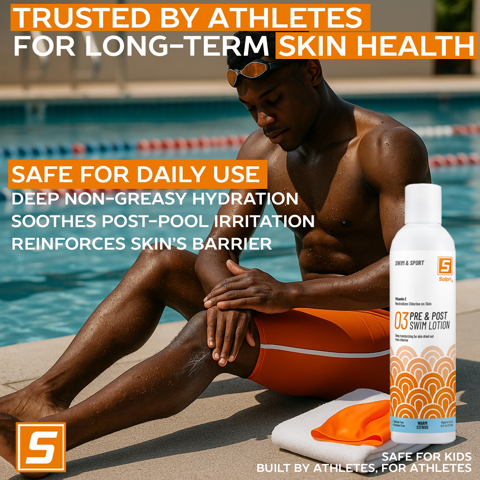 Solpri free-from-parabens sulfates dyes claim supports swimmer-friendly care.