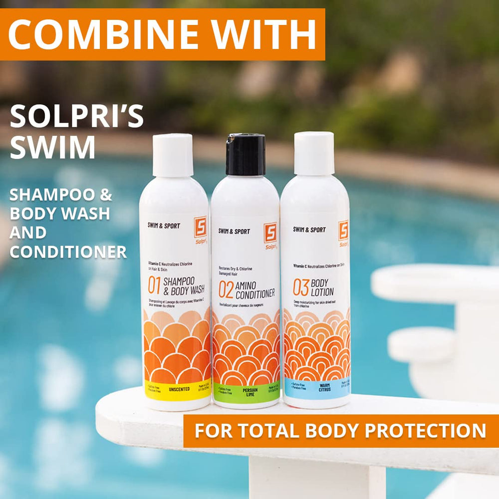 Solpri lotion for pre and post-swim use helps maintain skin moisture.