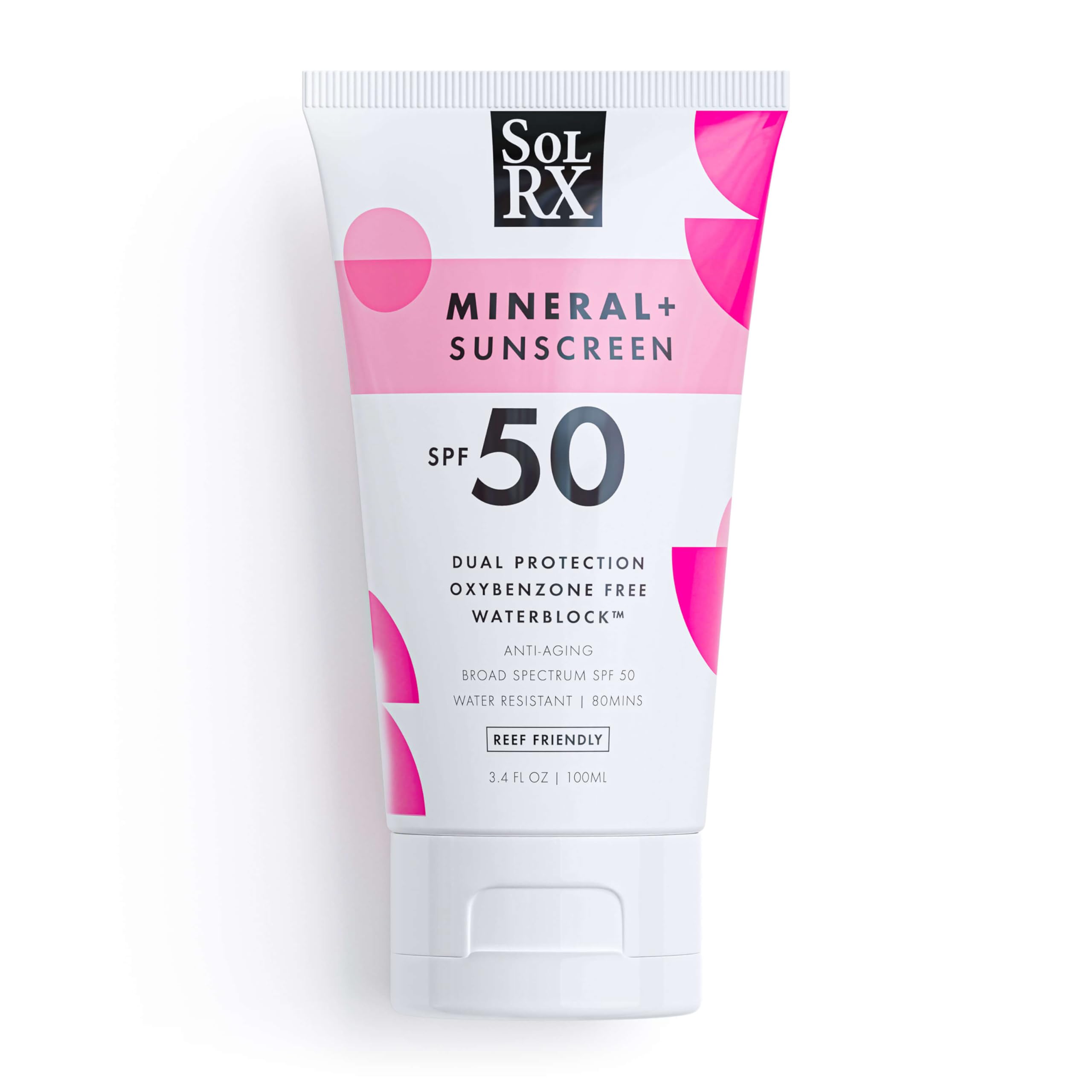 SolRX Mineral+ SPF 50 bottle close-up shows reef-safe protection for outdoors