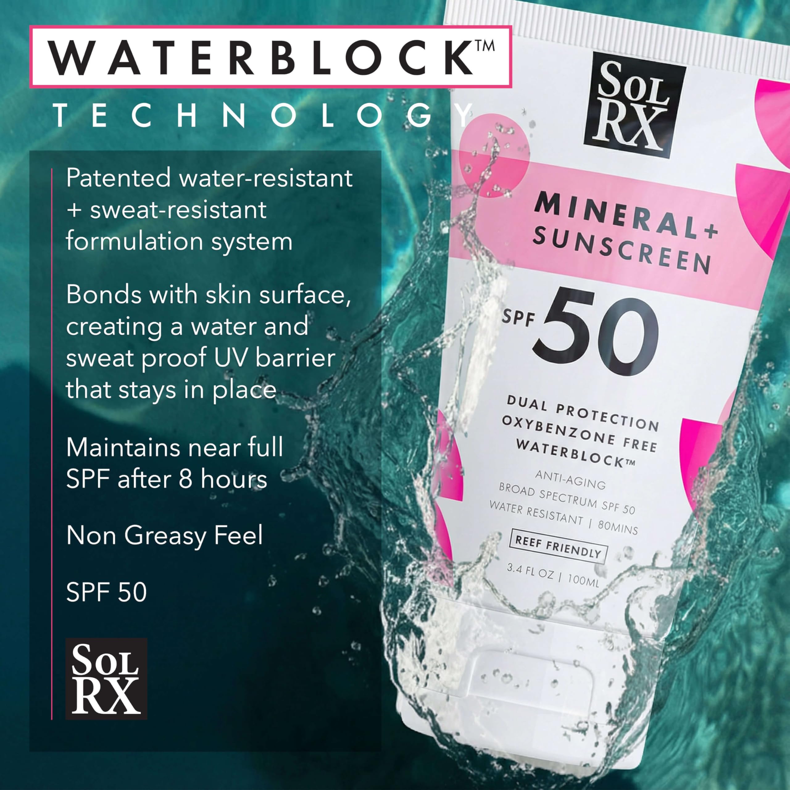 SolRX Mineral+ SPF 50 on face illustrates smooth, residue-free coverage