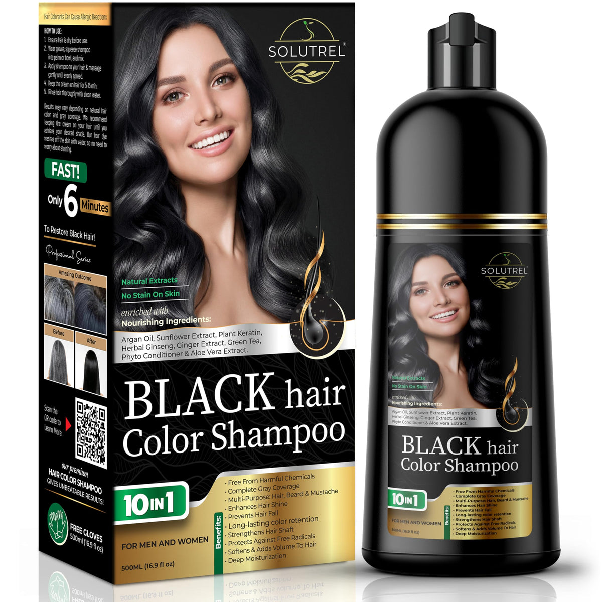 Solutrel Black Hair Dye Shampoo bottle for at-home gray coverage with natural shine