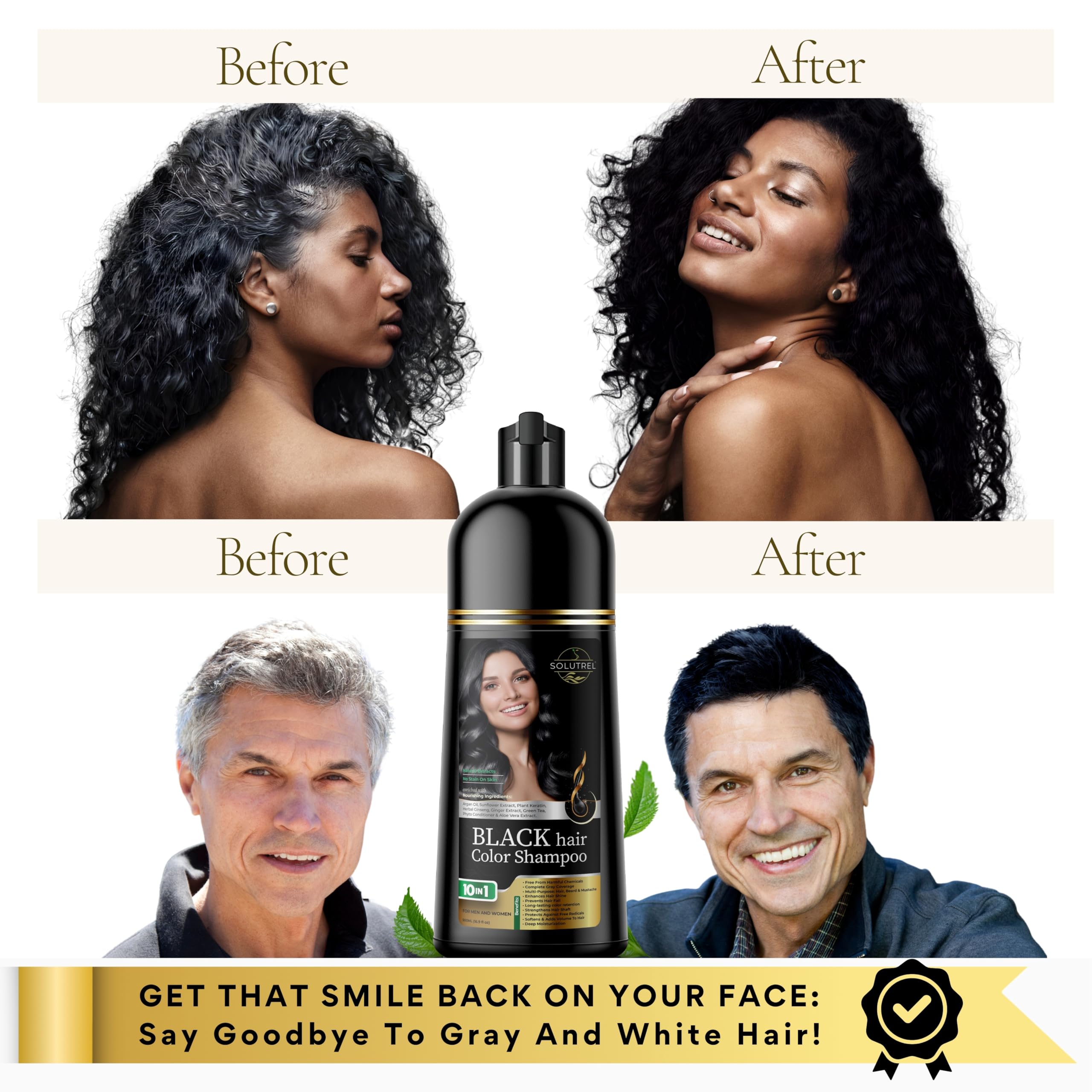 Solutrel Black Hair Dye Shampoo delivers glossy, vibrant black results