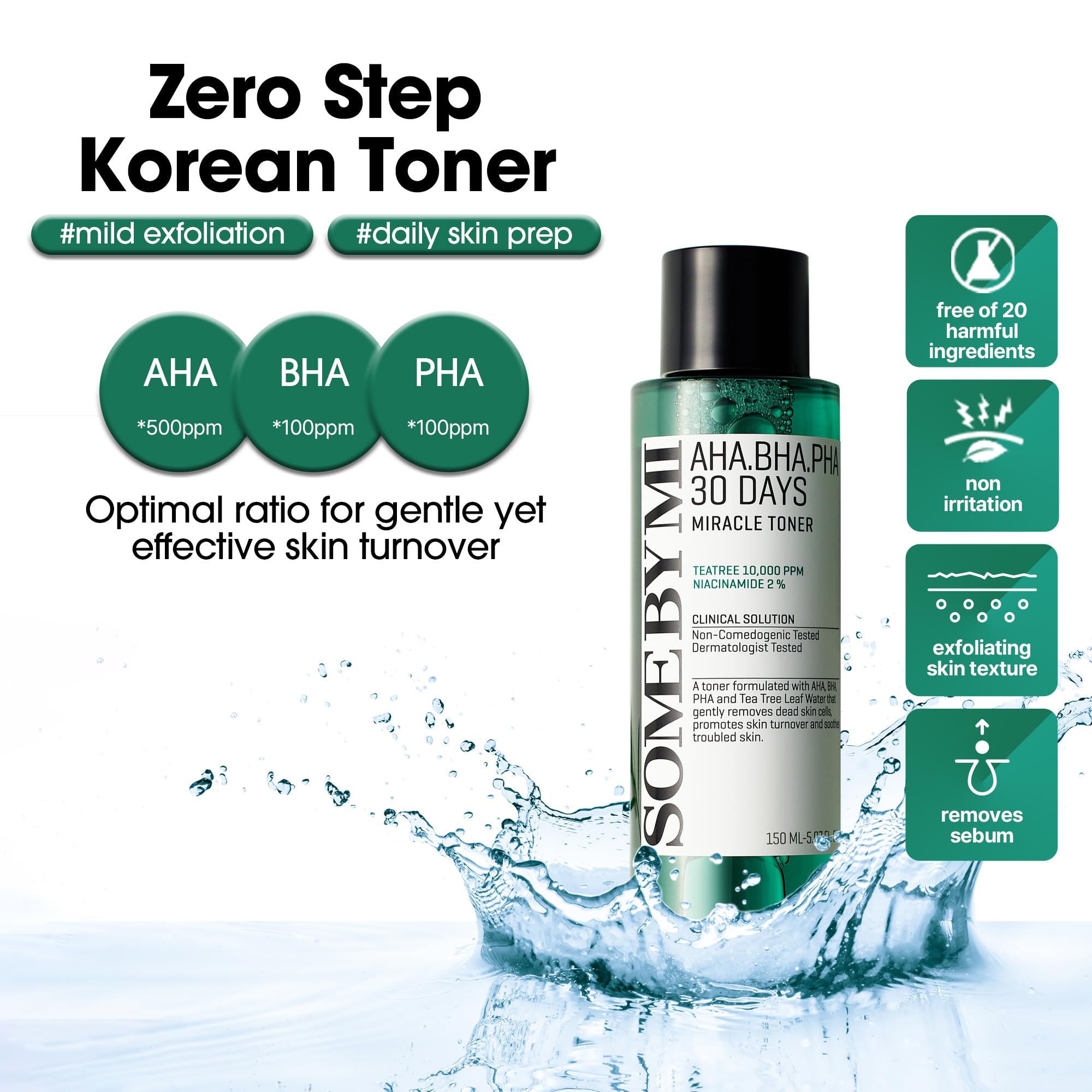 Close-up of SOME BY MI AHA BHA PHA 30 Days Toner label highlighting key ingredients