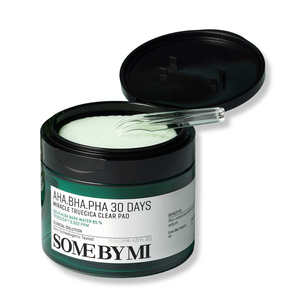 SOME BY MI AHA BHA PHA 30 Days Miracle Clear Pad pack highlights exfoliation for smoother skin.