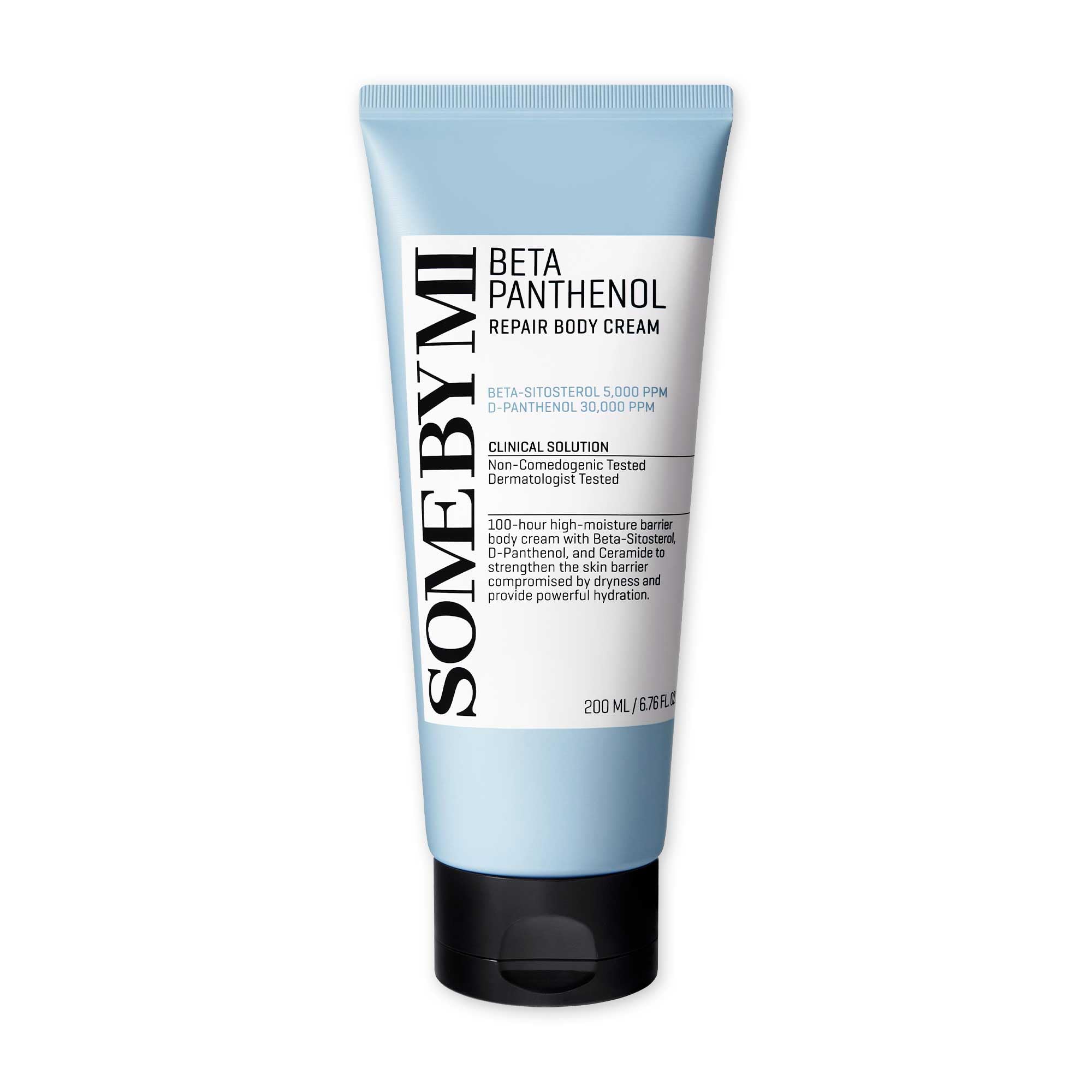 SOME BY MI Beta-Panthenol Repair Body Cream bottle showing long-lasting hydration for sensitive skin
