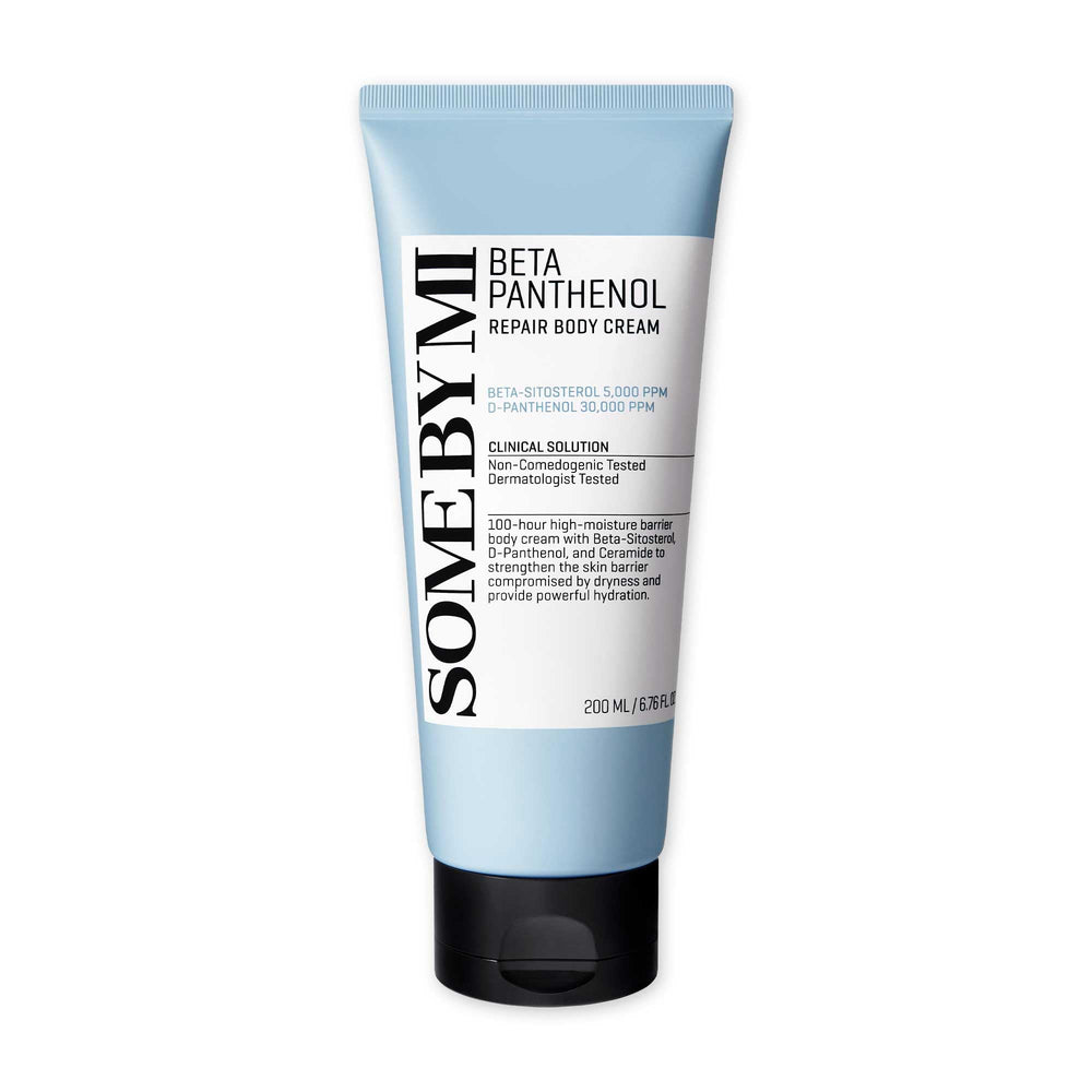 SOME BY MI Beta-Panthenol Repair Body Cream bottle showing long-lasting hydration for sensitive skin