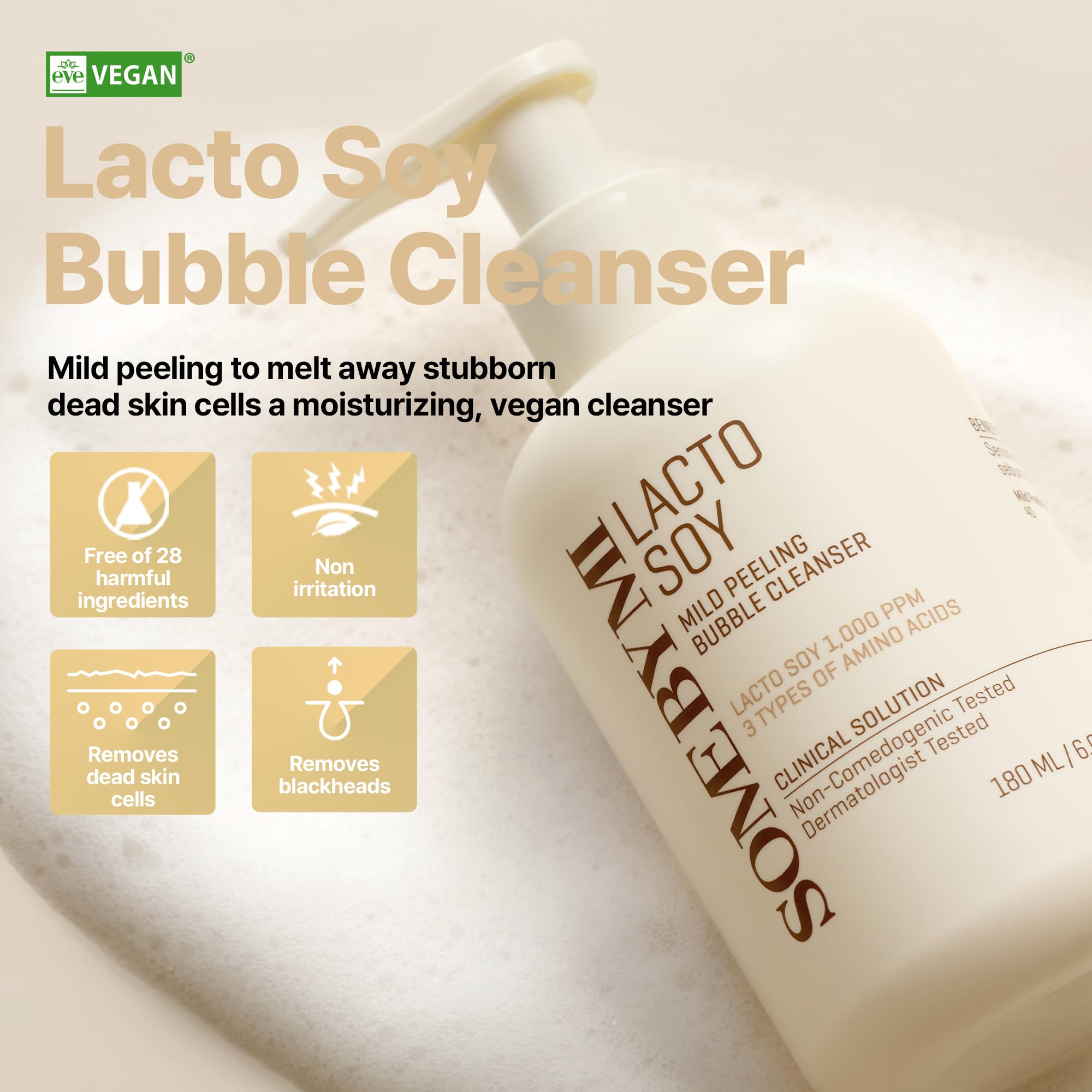 SOME BY MI Lacto Soy Bubble Cleanser foam closeup shows gentle cleansing with fine bubbles