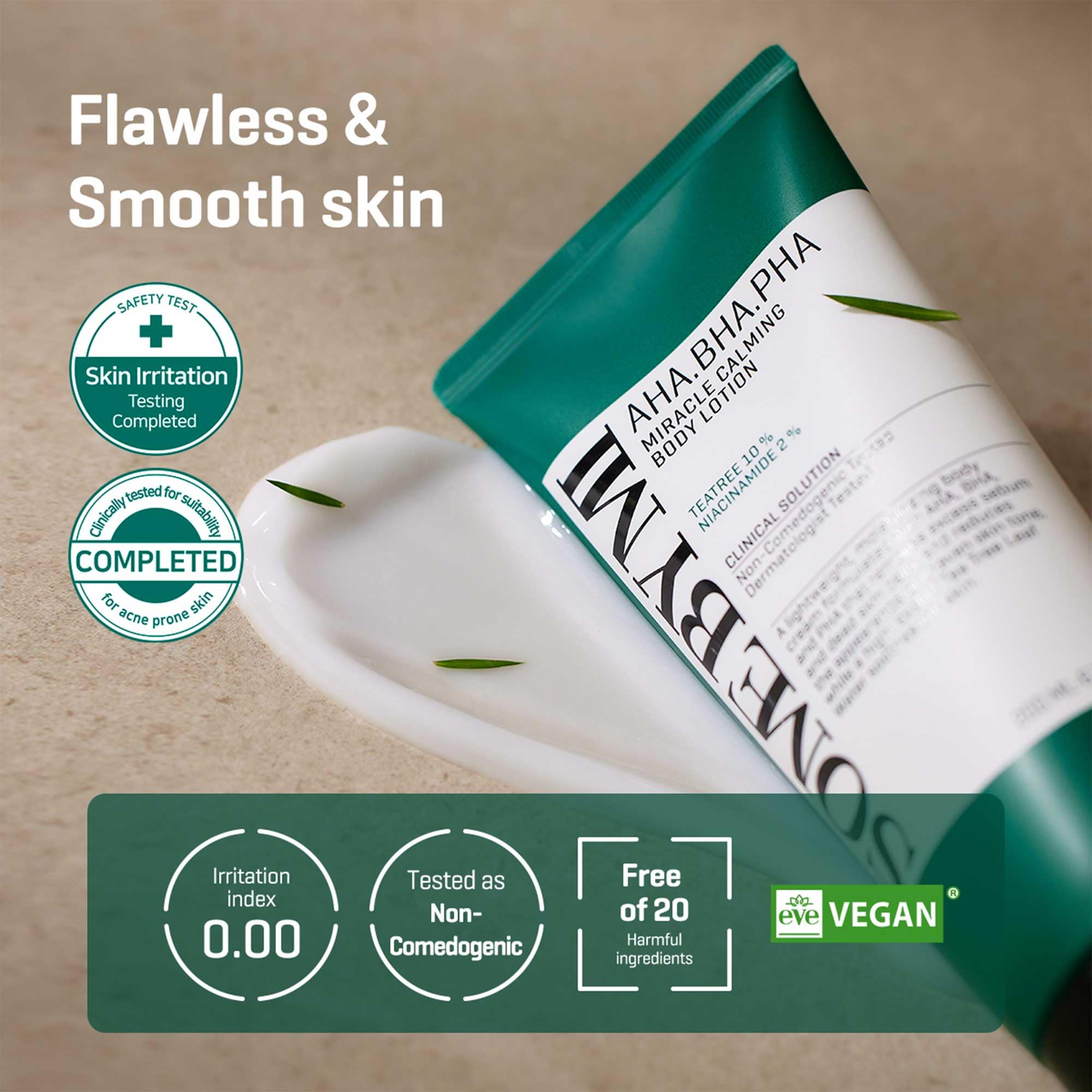 SOME BY MI Miracle Calming Body Lotion centella closeup suggests gentle barrier support.