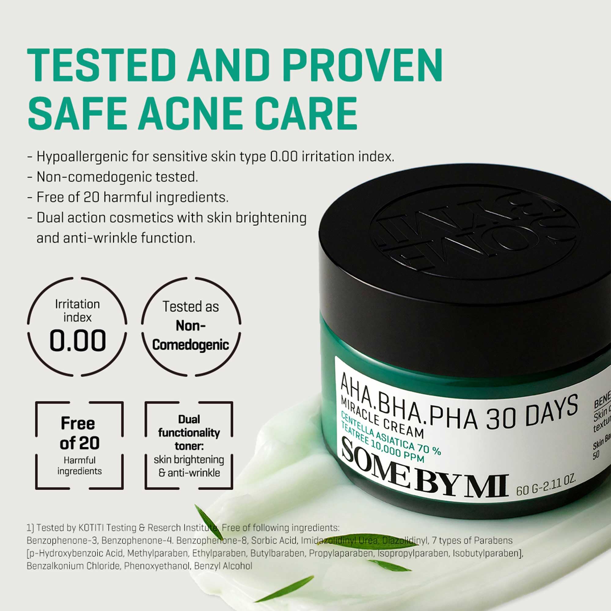 SOME BY MI outer box packaging emphasizes clean formula and dermatology-tested assurance.