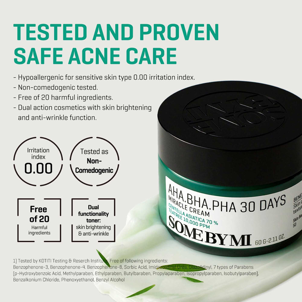 SOME BY MI outer box packaging emphasizes clean formula and dermatology-tested assurance.