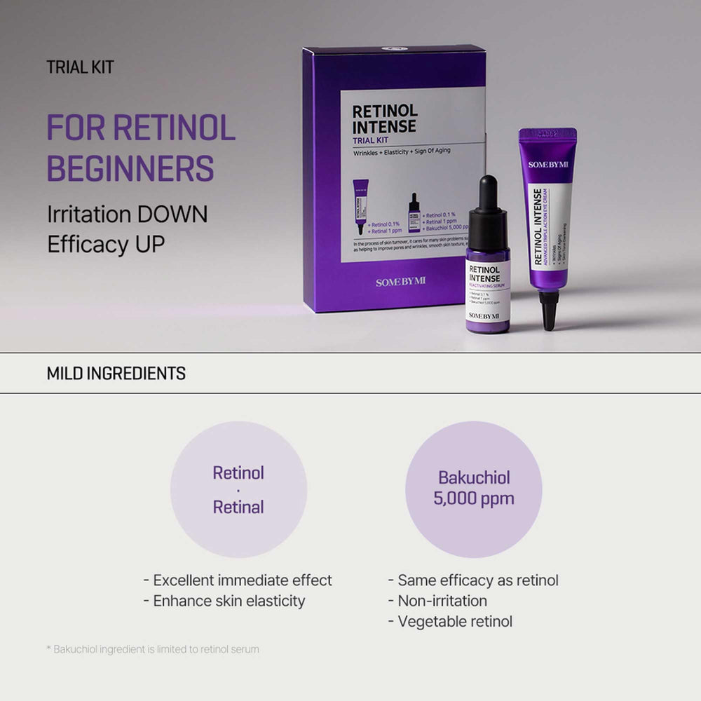 Close-up of SOME BY MI Retinol Serum bottle highlighting gentle formula.