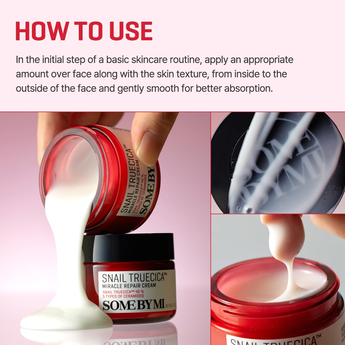 SOME BY MI Snail Truecica Cream application shot suggesting gentle, soothing use.