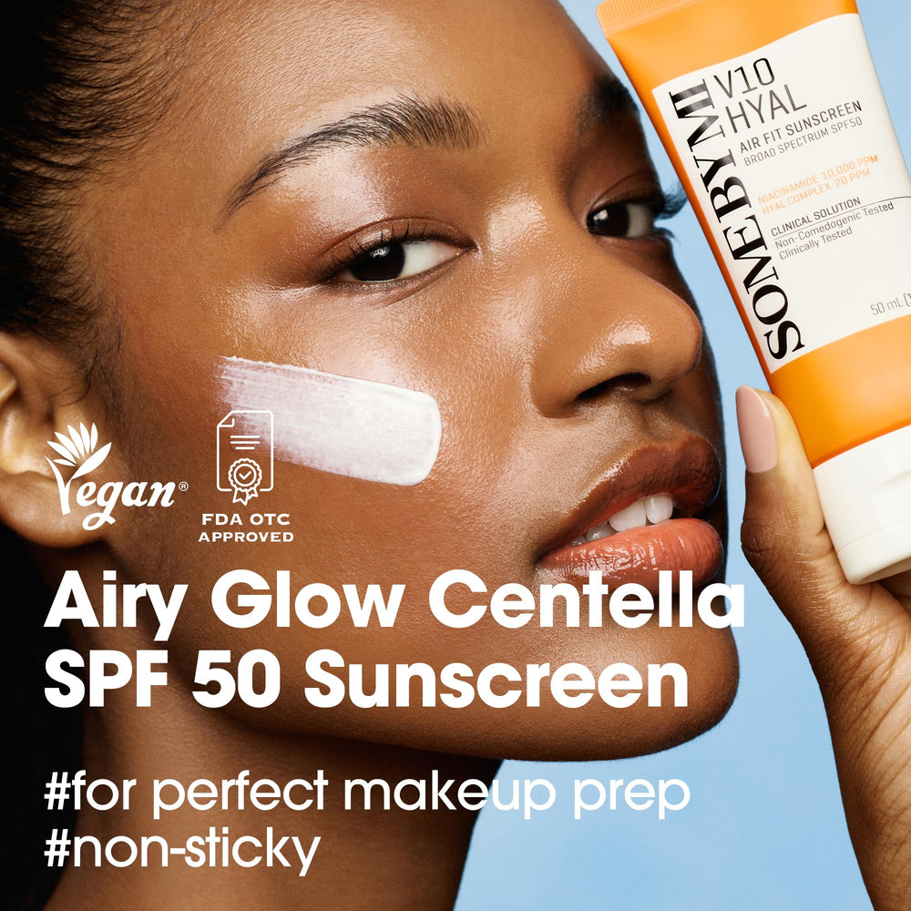Close-up of SOME BY MI sunscreen bottle texture shows lightweight formula.