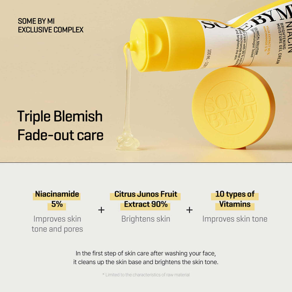 SOME BY MI Yuja Niacin Gel Cream badge highlighting vitamin rich brightness benefits