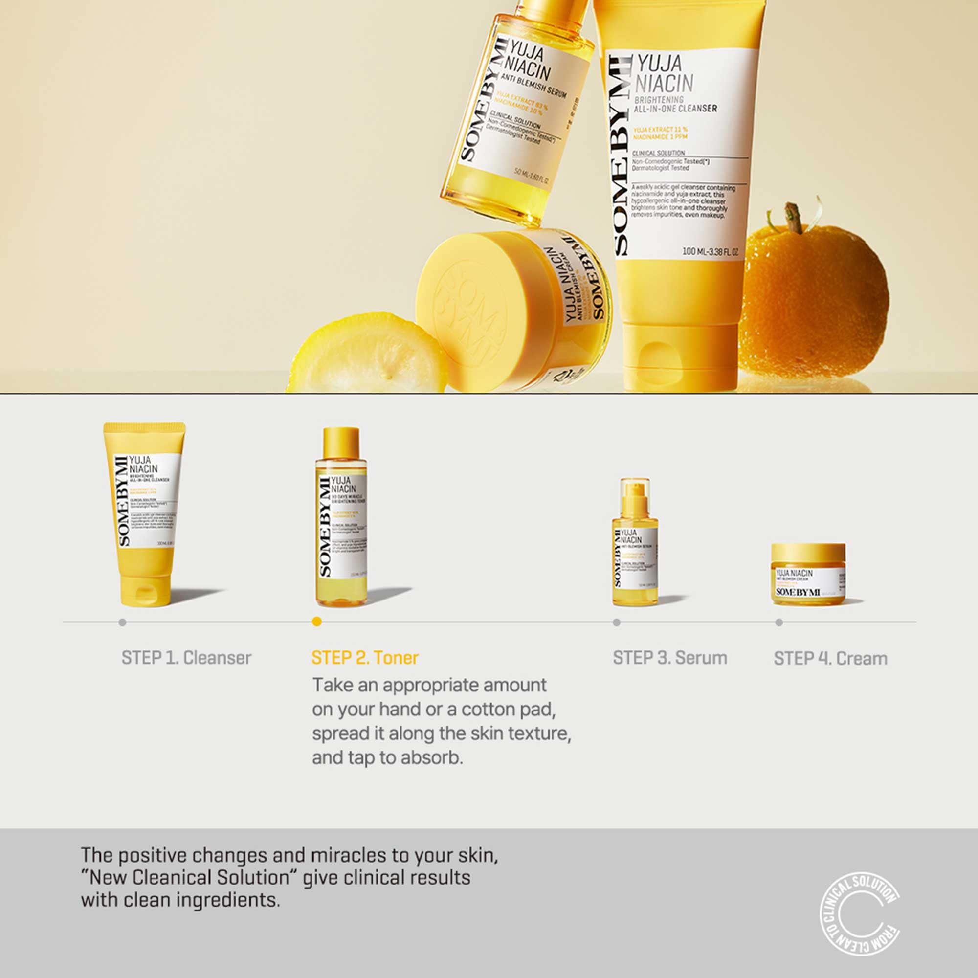 SOME BY MI Yuja Niacin Toner citrus imagery suggesting brightness and daily use.