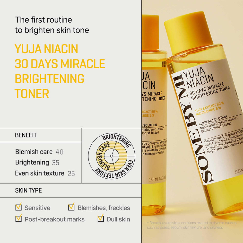 SOME BY MI Yuja Niacin Toner label highlighting 90% Yuja extract and vitamins.