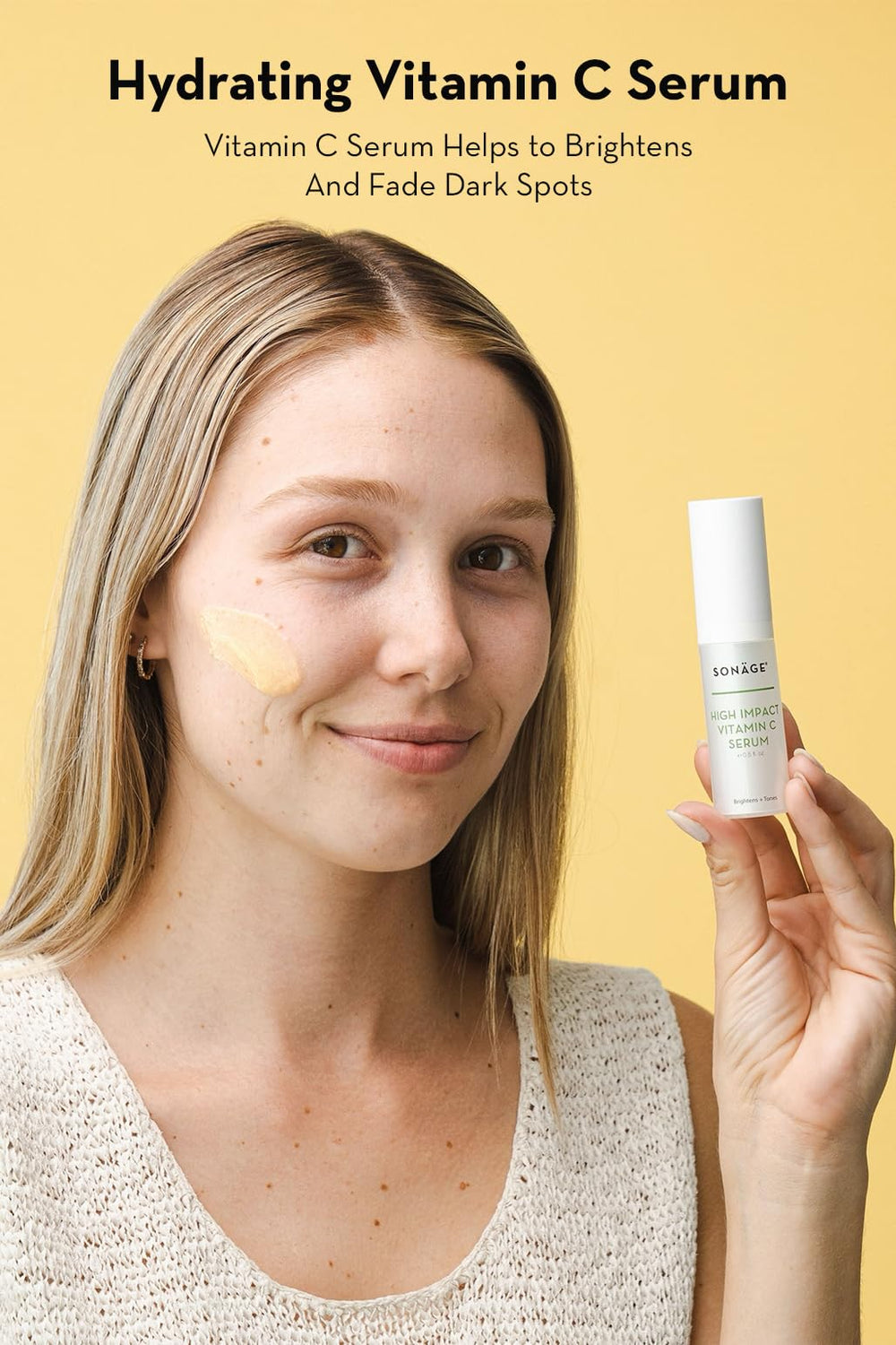 SONAGE High Impact Vitamin C Serum pump demonstrates easy dispensing for even skin tone.