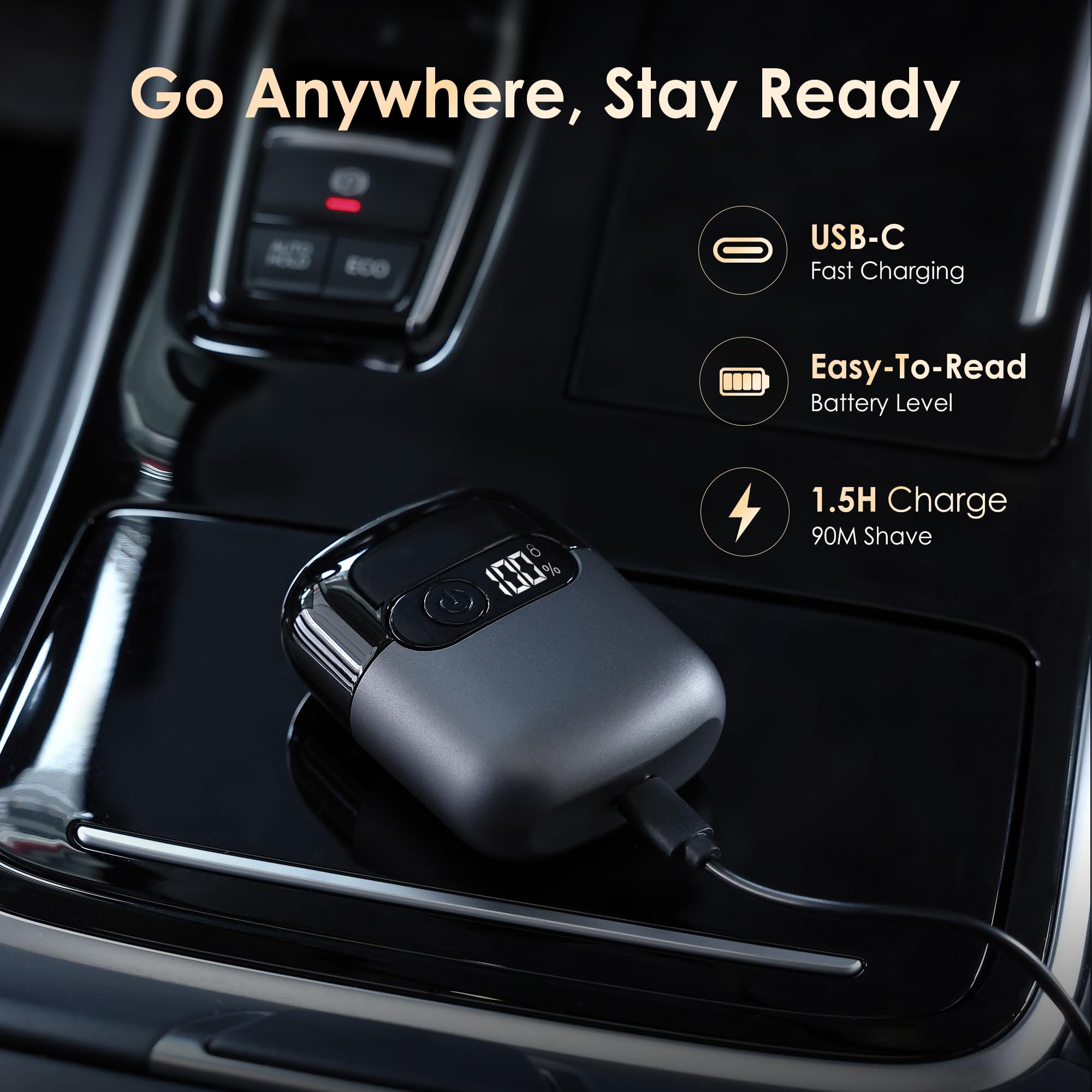 Sonatraxs USB-C fast charging with long battery life indicator on display.