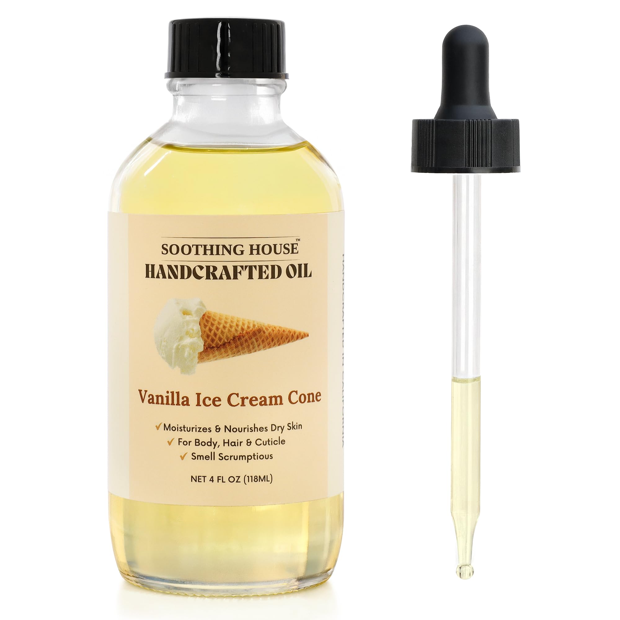 Soothing House Vanilla Ice Cream Cone Body Oil bottle for lightweight hydration and glow