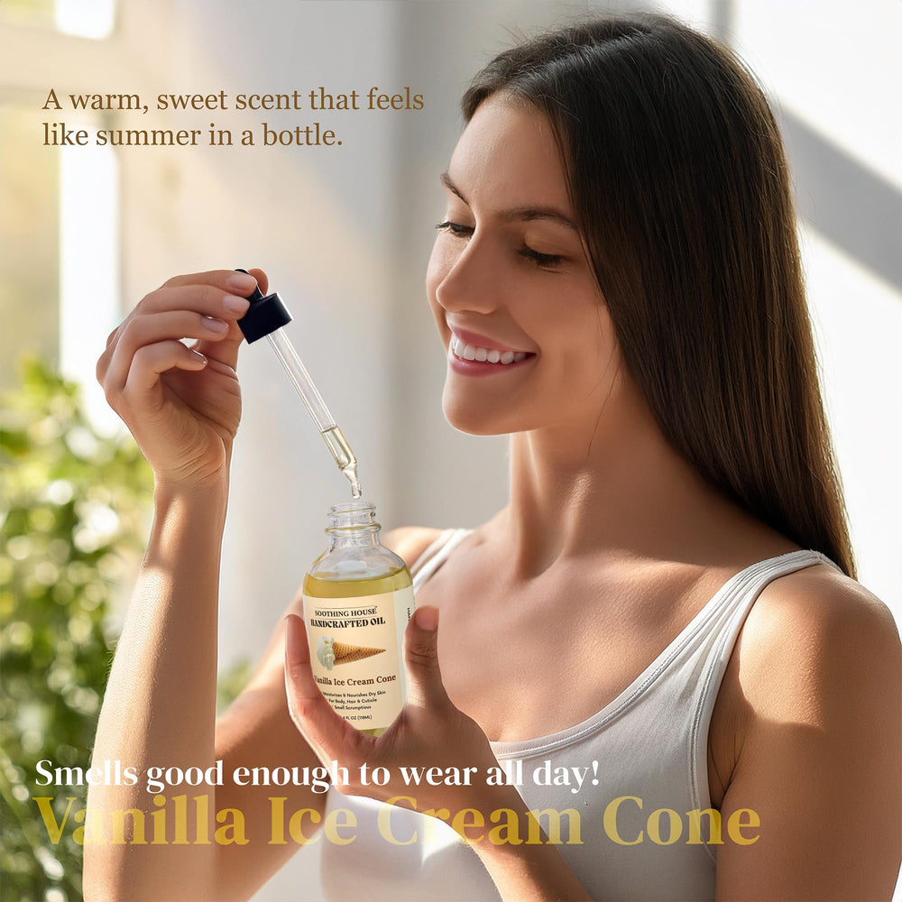 Soothing House Vanilla Ice Cream Cone Body Oil droplets help smooth dry skin