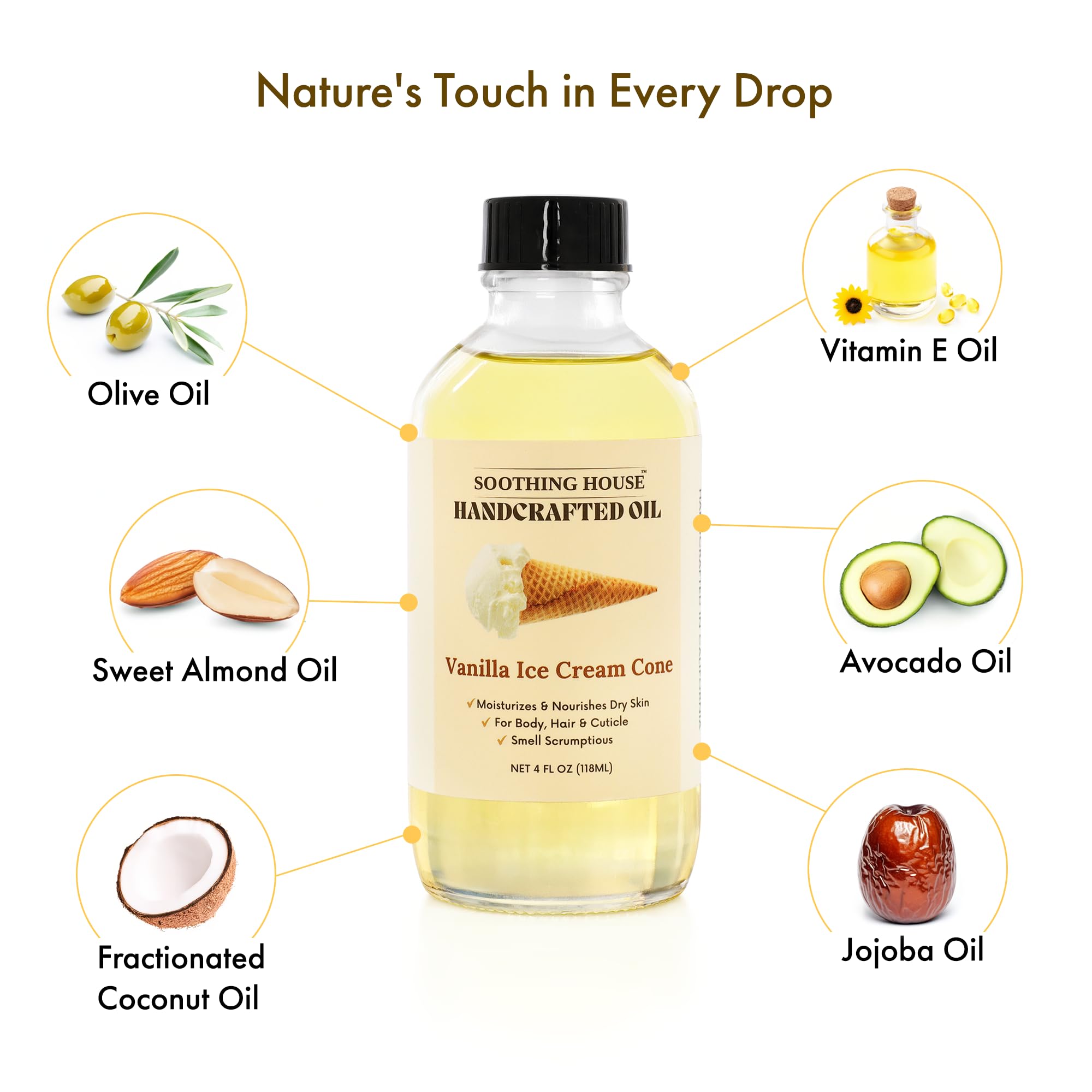Soothing House Vanilla Ice Cream Cone Body Oil features jojoba and sweet almond for nourishment