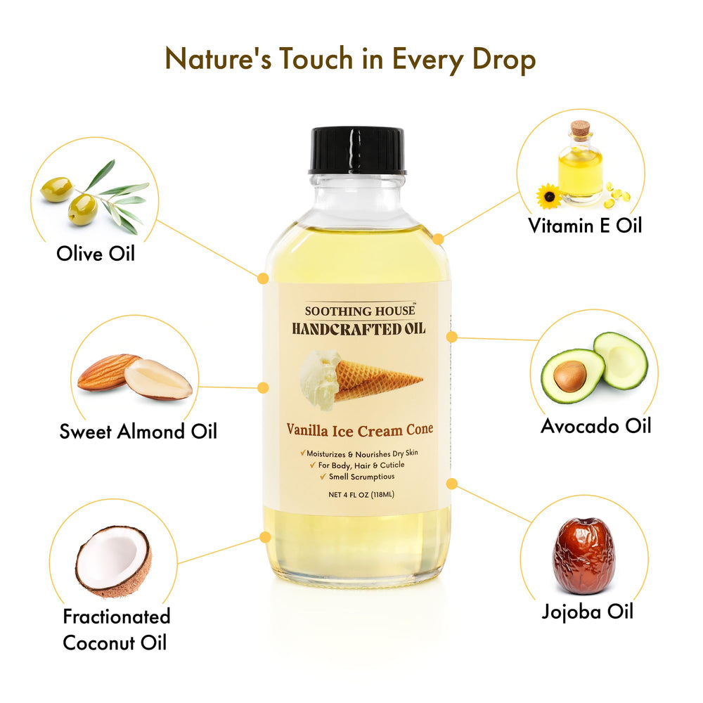 Soothing House Vanilla Ice Cream Cone Body Oil features jojoba and sweet almond for nourishment