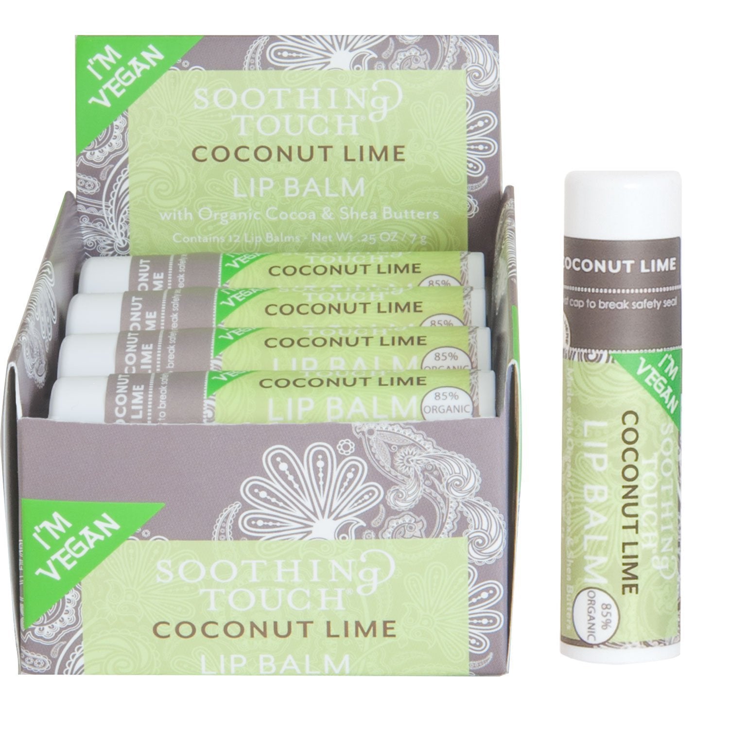 Soothing Touch Coconut Lime vegan lip balm tube for daily moisture and fresh scent.