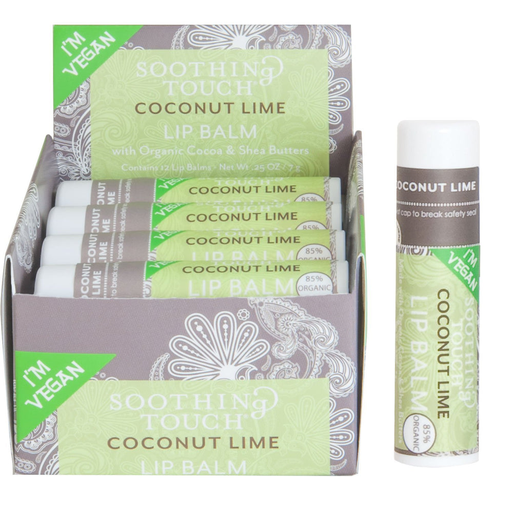 Soothing Touch Coconut Lime vegan lip balm tube for daily moisture and fresh scent.