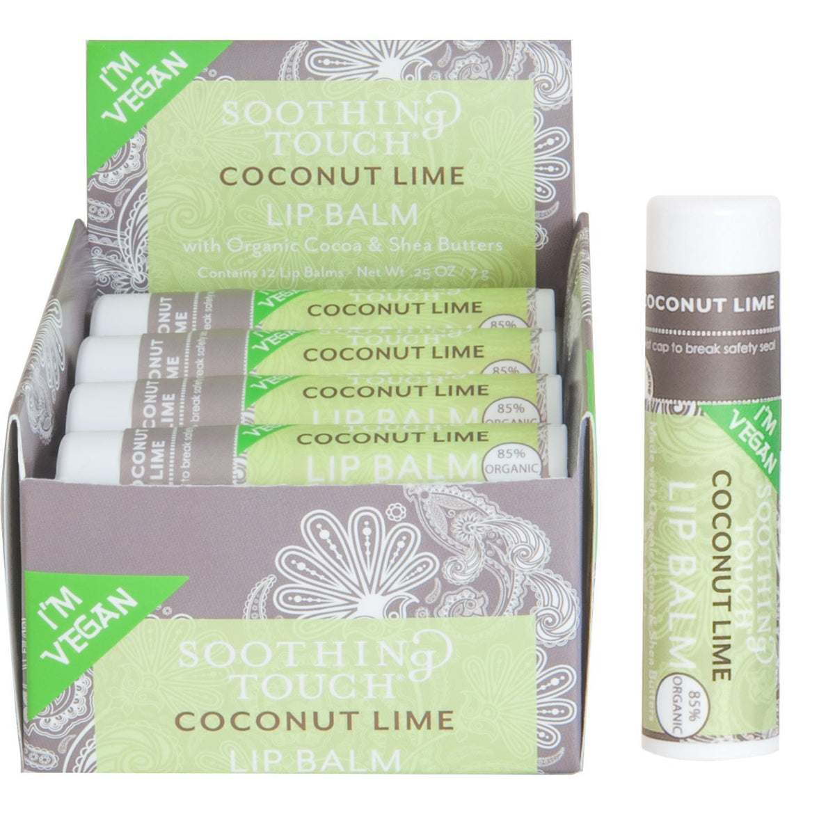 Soothing Touch Coconut Lime vegan lip balm tube for daily moisture and fresh scent.