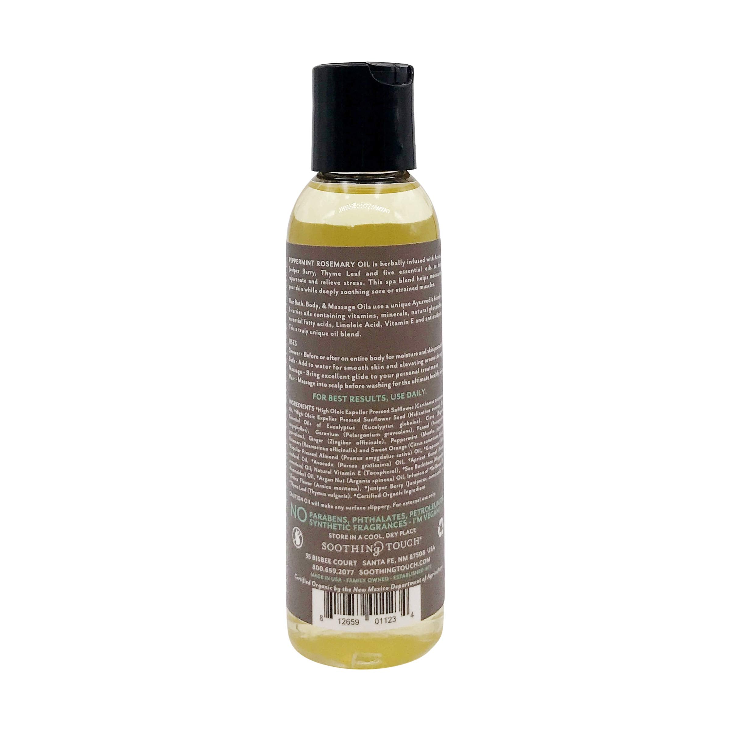 Soothing Touch herbal oil with Arnica and Juniper for spa-like care.
