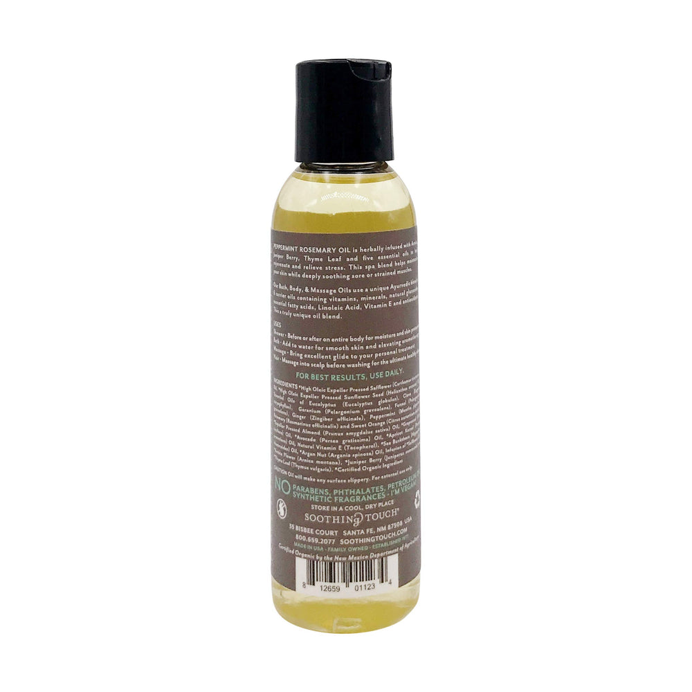 Soothing Touch herbal oil with Arnica and Juniper for spa-like care.
