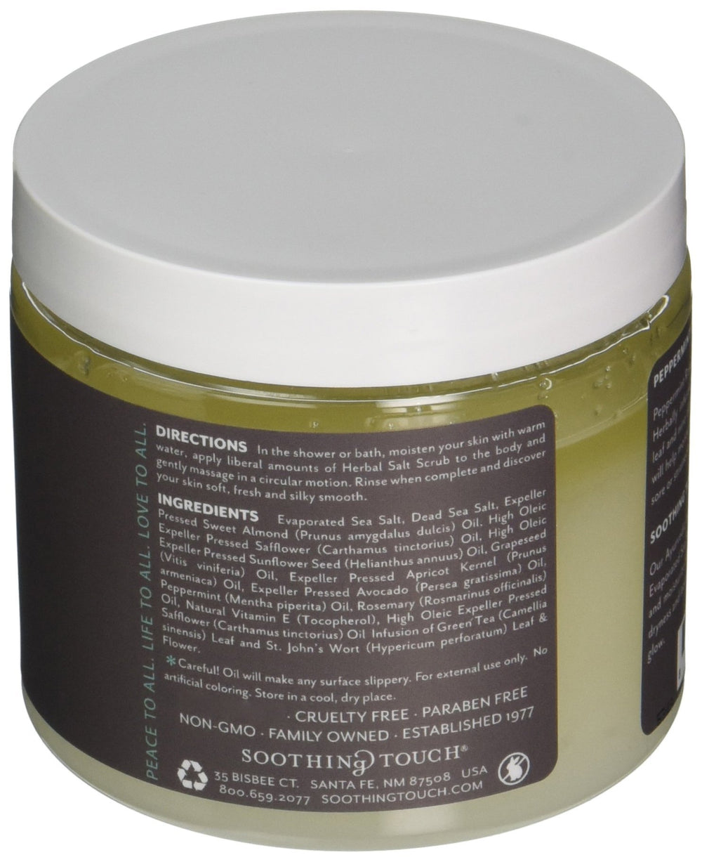 Close-up of Soothing Touch Herbal Salt Scrub jar showing granular texture for smoother skin