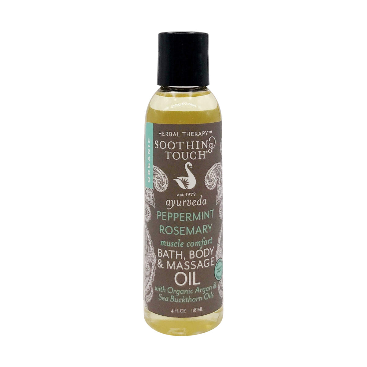 Soothing Touch Peppermint Rosemary oil bottle pour for soothing muscles and skin hydration.