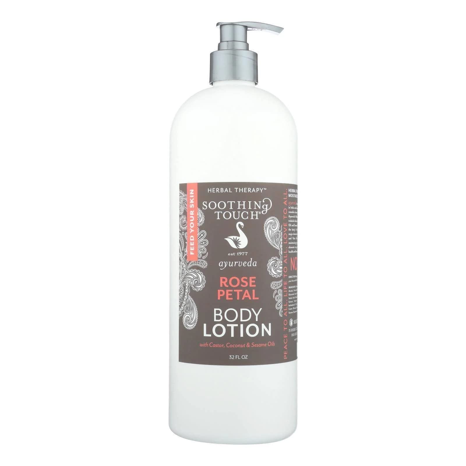 Soothing Touch Rose Petal Lotion bottle with rich hydration for dry skin.