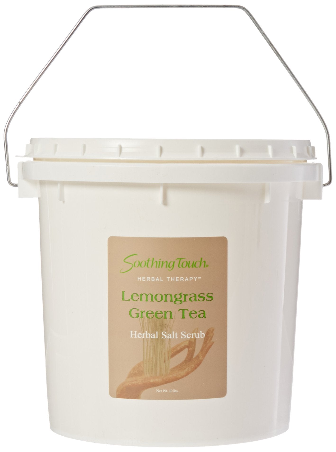 Soothing Touch Lemongrass Green Tea salt scrub jar shows exfoliating texture for smoother skin.