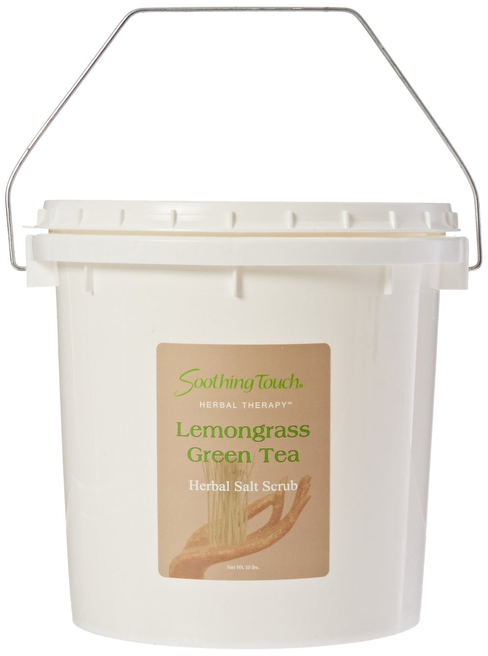 Soothing Touch Lemongrass Green Tea salt scrub jar shows exfoliating texture for smoother skin.
