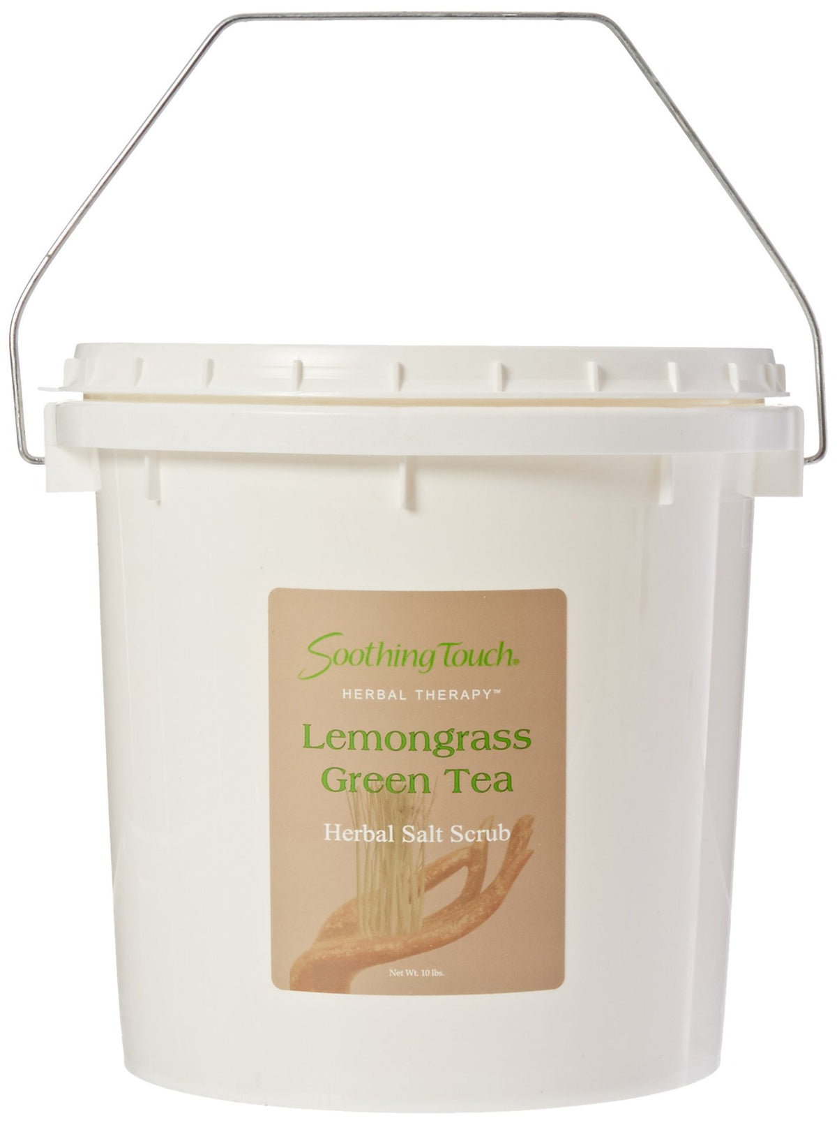 Soothing Touch Lemongrass Green Tea salt scrub jar shows exfoliating texture for smoother skin.