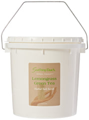 Soothing Touch Lemongrass Green Tea salt scrub jar shows exfoliating texture for smoother skin.