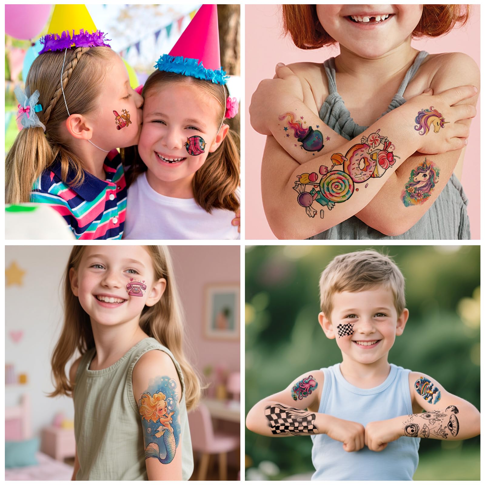 SOOVSY 52pcs waterproof skin-friendly tattoos with bright colors for active play.