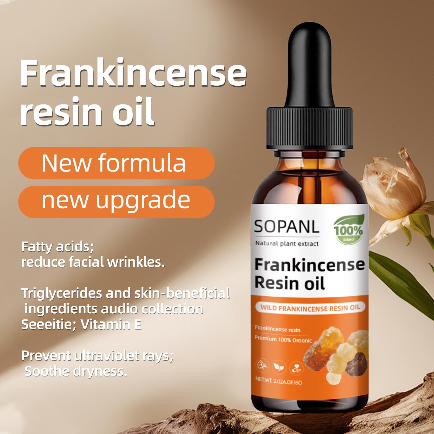 SOPANL Frankincense Resin Oil applied to cheek shows smoothing hydration.
