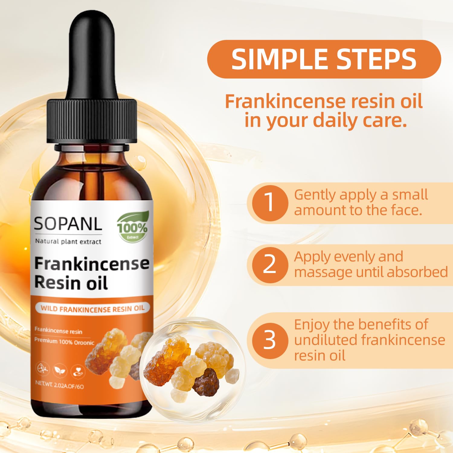 SOPANL Frankincense Resin Oil dropper ready for morning skincare routine.