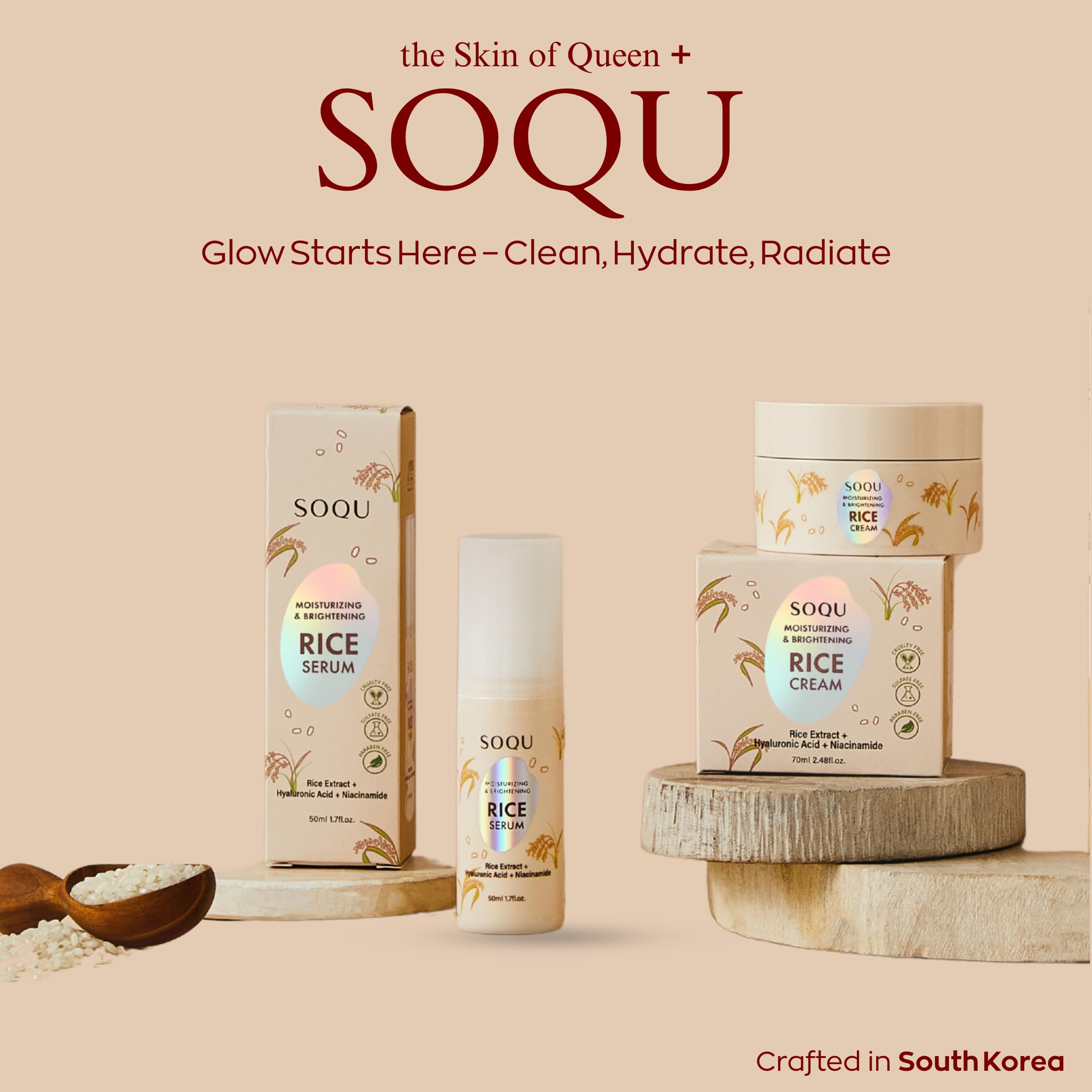 Rice extract glow suggests brightening texture and even tone