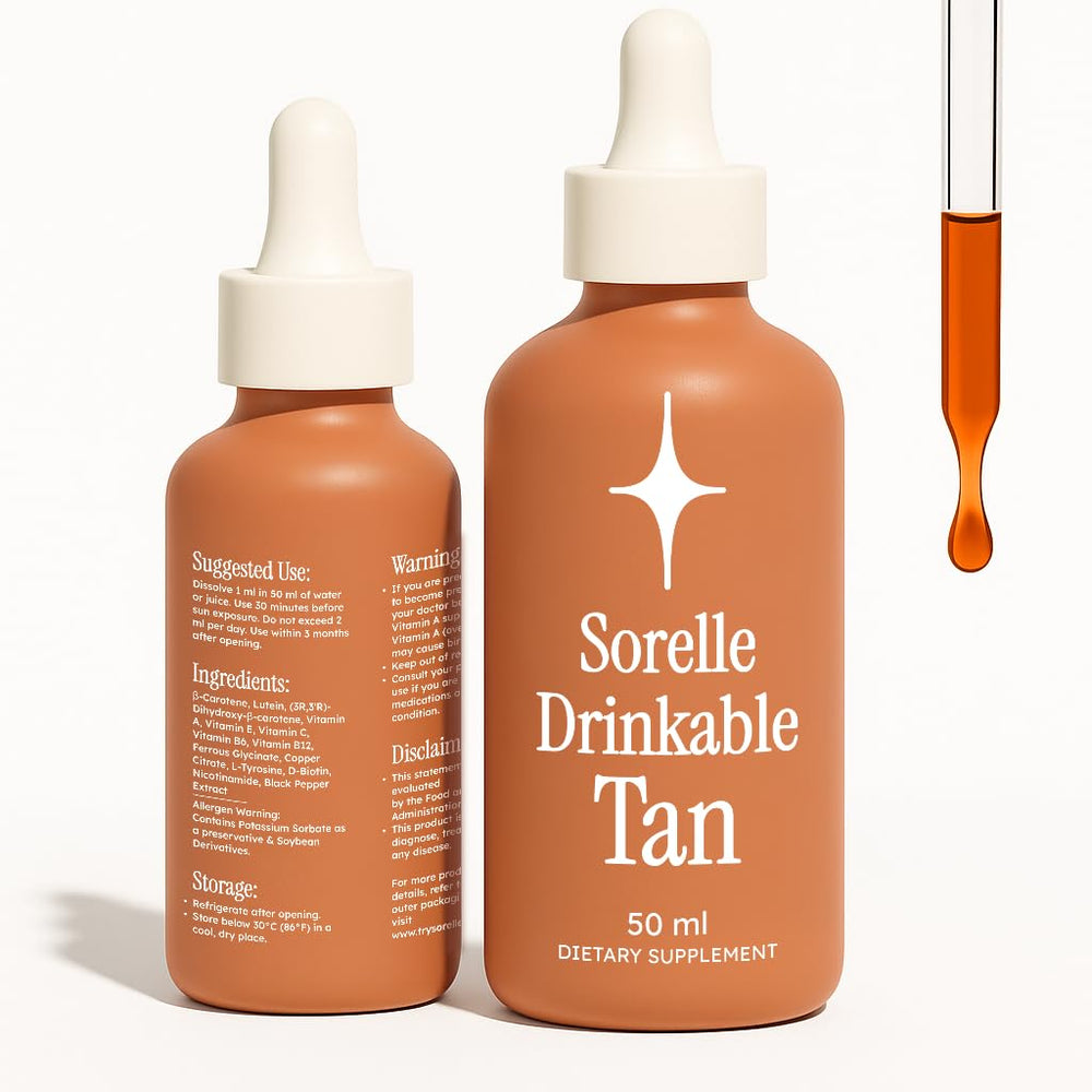 Sorelle Tanning Drops bottle being poured for a natural glow.