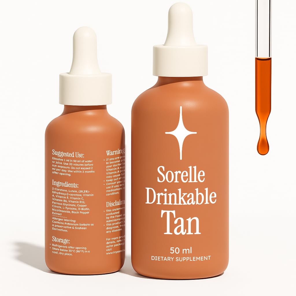 Sorelle Tanning Drops bottle being poured for a natural glow.