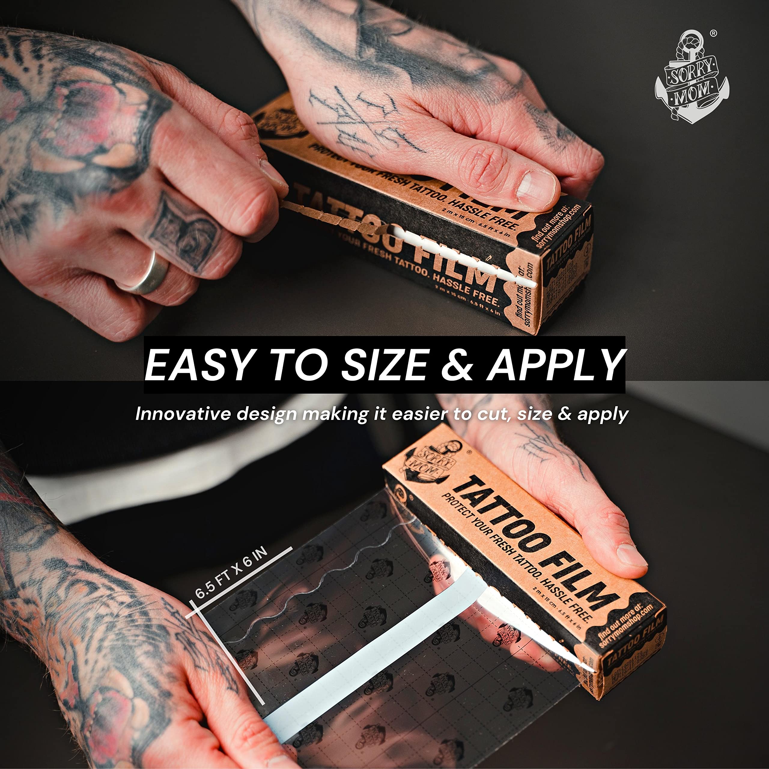 Sorry Mom easy-cut tattoo film with packaging design for quick application.