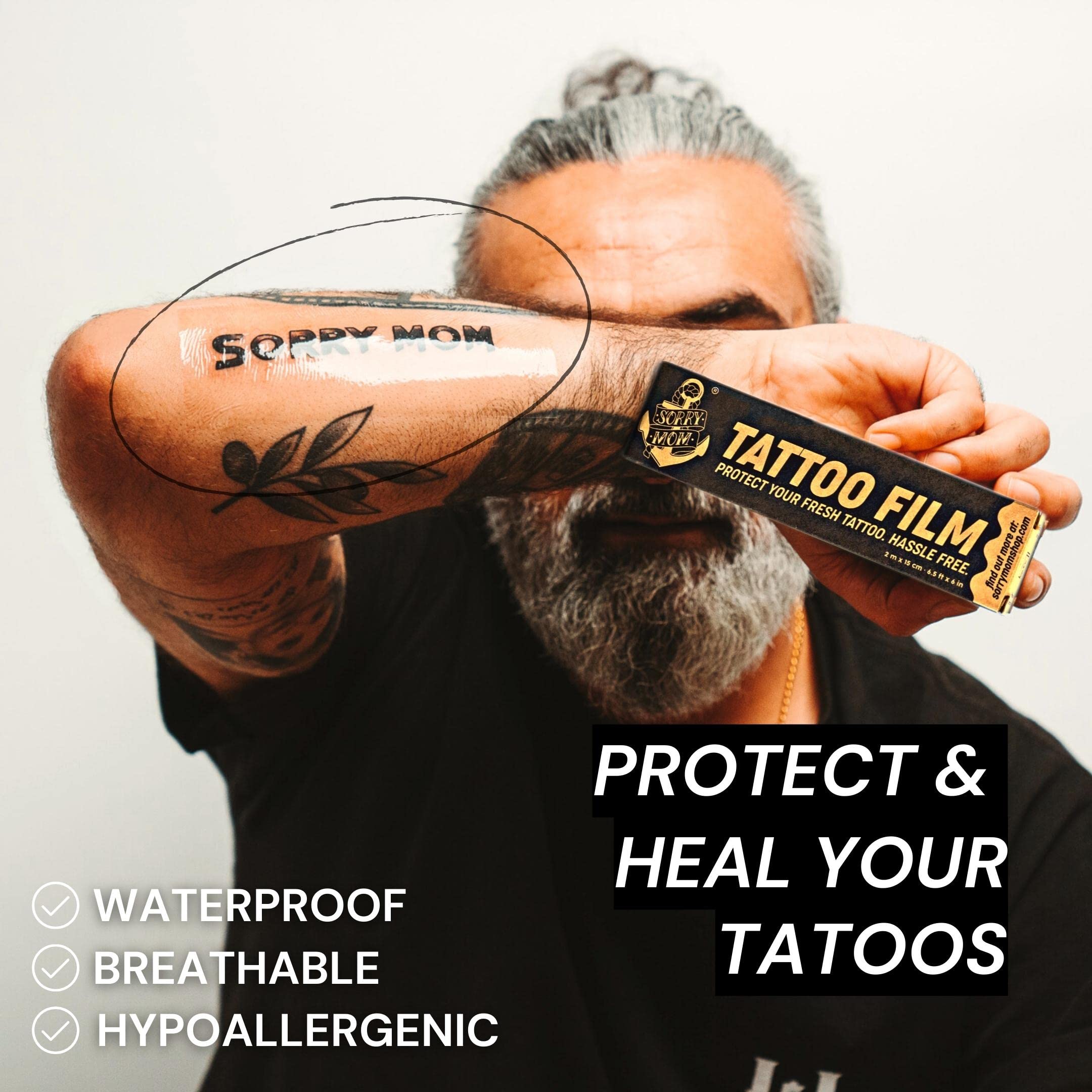 Sorry Mom waterproof breathable tattoo wrap shields ink during showers and workouts.