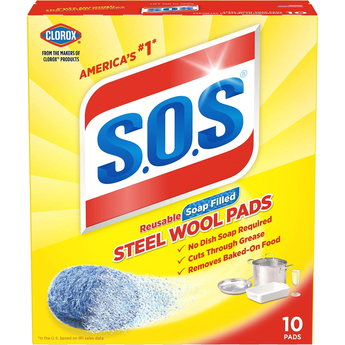 SOS steel wool soap pads for heavy-duty cleaning in kitchens and bathrooms.