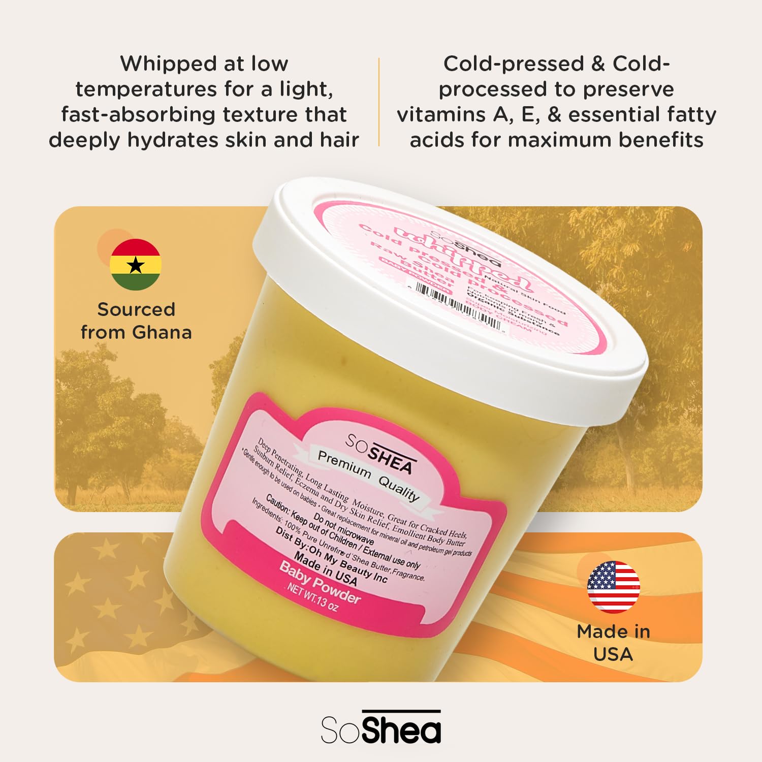 SoShea whipped butter jar closeup shows creamy texture for fast absorption.