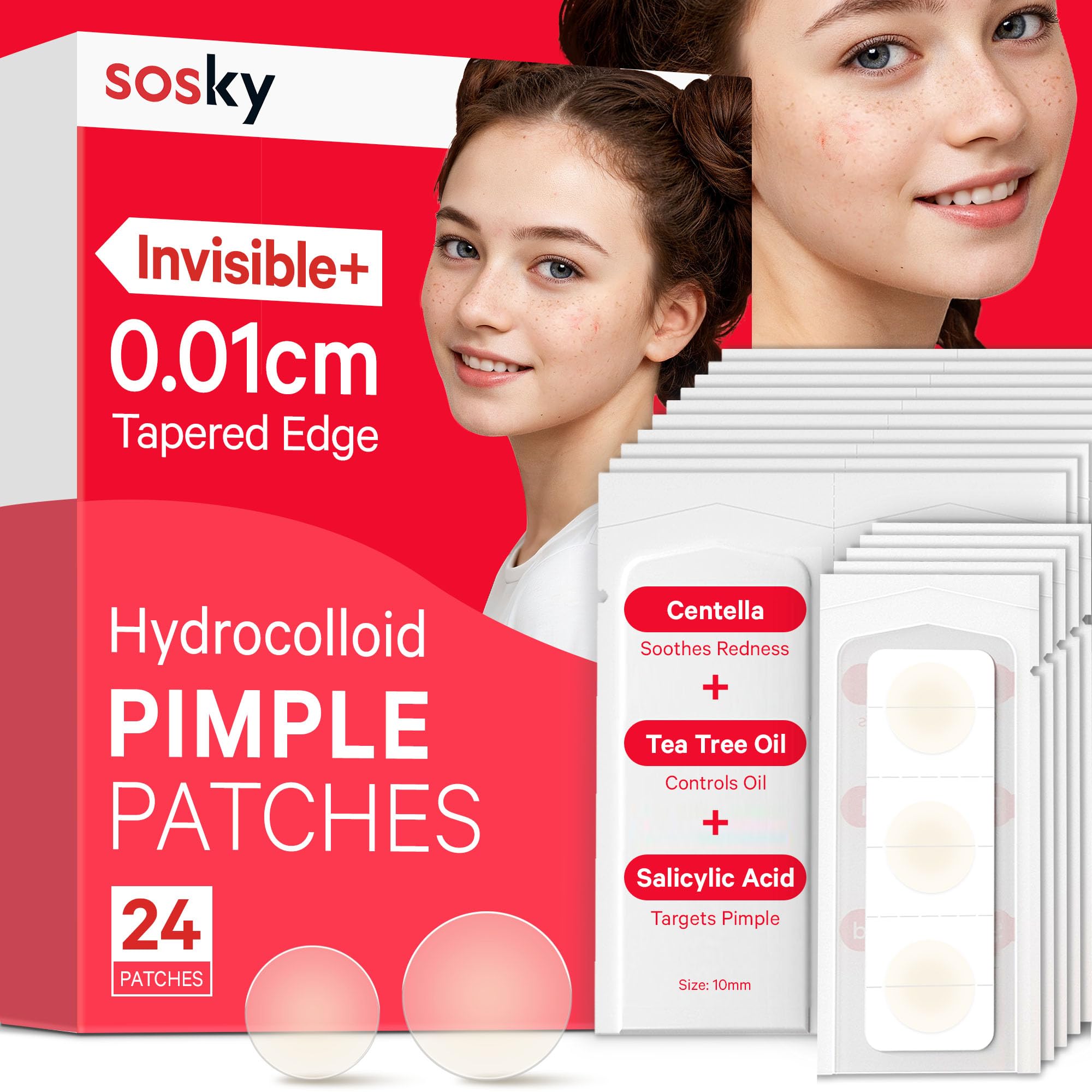 Sosky pimple patches with invisible matte finish blend into skin for discreet wear.